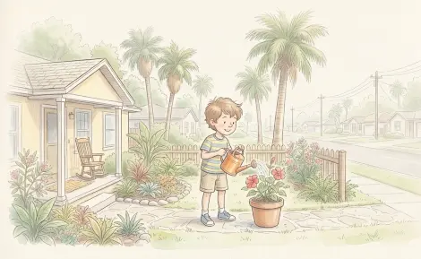 boy watering plants