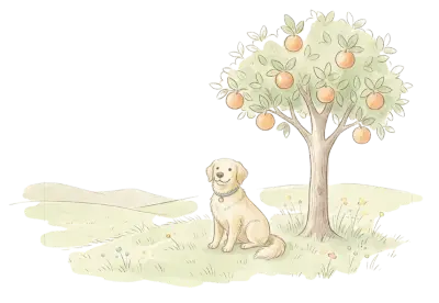 dog under an orange tree