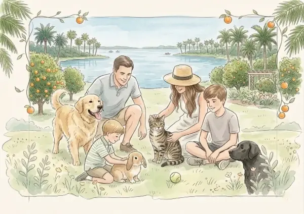 family surrounded with pets