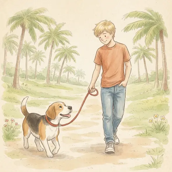 guy walking with dog
