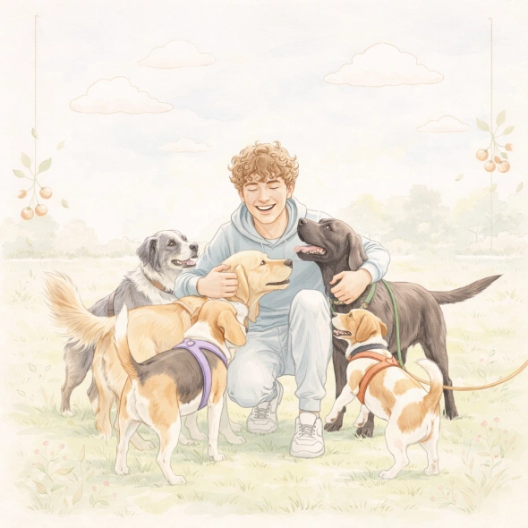 teen boy greeted with happy dogs